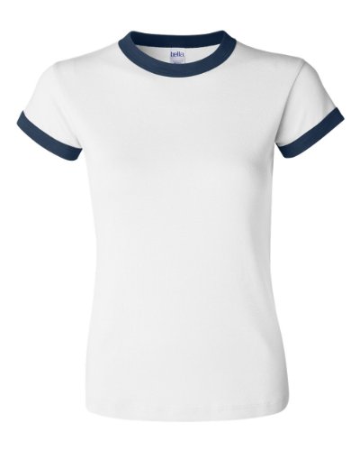 0846503005087 - BELLA LADIES RIB RINGER CONTRAST NECK AND SLEEVE BINDING T SHIRT - WHITE/NAVY - SMALL