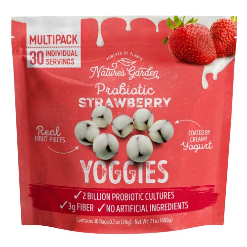 0846548085280 - NATURES GARDEN PROBIOTIC STRAWBERRY YOGGIES, 21OZ (30 X 0.7OZ), YOGGIE BITES STRAWBERRY STRAWBERRY YOGURT COVERED SNACK PACK, HIGH FIBER, DELICIOUS REAL FRUIT PIECES, NO ARTIFICIAL INGREDIENTS, HEALTHY SNACK FOR ADULTS