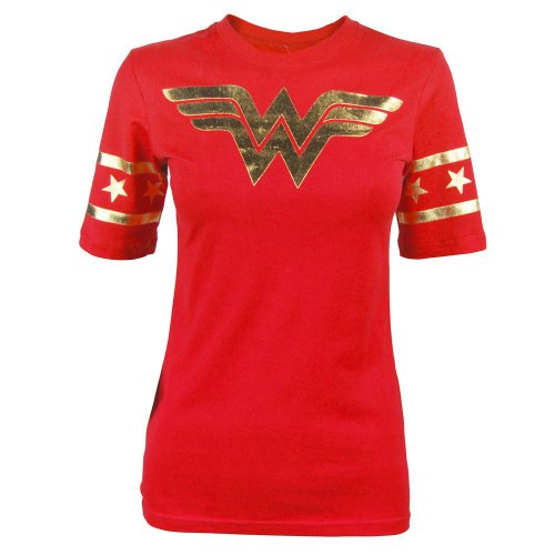 0846556421292 - WONDER WOMAN GOLD FOIL STRIPED SLEEVES RED JUNIORS T-SHIRT TEE (JUNIORS LARGE)
