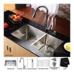0846639002233 - 33 UNDERMOUNT 50/50 DOUBLE BOWL KITCHEN SINK WITH 18.5 FAUCET AND SOAP DISPENSER | KRAUS STAINLESS STEEL UNDERMOUNT KITCHEN SINK, CHROME FAUCET/ DISPENSER