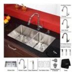 0846639011150 - KRAUS 33-IN UNDERMOUNT DOUBLE BOWL STAINLESS STEEL KITCHEN SINK WITH KITCHEN FAUCET AND SOAP DISPENS