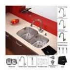 0846639011242 - KRAUS 32-INCH UNDERMOUNT DOUBLE BOWL STAINLESS STEEL KITCHEN SINK WITH KITCHEN FAUCET AND SOAP DISPE