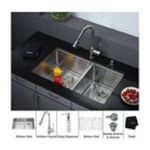 0846639015141 - 19 W X 32.75 L UNDERMOUNT DOUBLE BOWL STAINLESS STEEL KITCHEN SINK WITH CHROME KITCHEN FAUCET