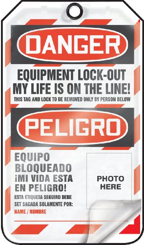 0846642047672 - ACCUFORM SIGNS TSP107LCP SELF-LAMINATING SPANISH BILINGUAL LOCKOUT TAG, LEGEND DANGER EQUIPMENT LOCK-OUT MY LIFE IS ON THE LINE!/ PELIGRO EQUIPO BLOQUEADO ¡MI VIDA ESTA EN PELIGRO! (PHOTO HERE), 5.75 LENGTH X 3.25 WIDTH X 0.010 THICKNESS, PF-CARDSTO