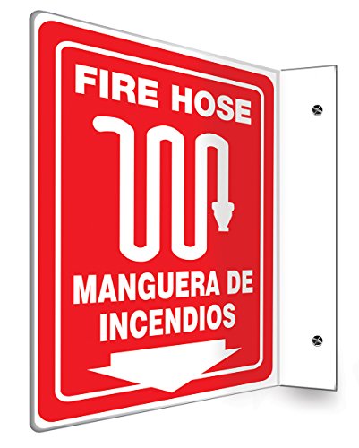 0846642060237 - ACCUFORM SIGNS SBPSP445 SPANISH BILINGUAL PROJECTION 90D SIGN, LEGEND FIRE HOSE/MANGUERA DE INCENDIOS (ARROW) WITH GRAPHIC, 12 X 9 PANEL, 0.10 THICK HIGH-IMPACT PLASTIC, PRE-DRILLED MOUNTING HOLES, WHITE ON RED