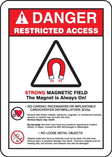 0846642095123 - ACCUFORM SIGNS MRAD140VA ALUMINUM SAFETY SIGN, LEGEND DANGER RESTRICTED ACCESS STRONG MAGNETIC FIELD THE MAGNET IS ALWAYS ON! -NO CARDIAC PACEMAKERS OR IMPLANTABLE CARDIOVERTER DEFIBRILLATORS (ICDS) -NO LOOSE METAL OBJECTS WITH GRAPHIC, 14 LENGTH X 10
