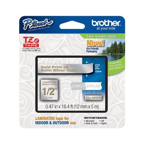 0846829459090 - BROTHER TZEMQ934 LABELS - 12MM (1/2) SIMPLY STYLISH TAPES WHITE ON SATIN SILVER TAPE (5M/16.4 FT.) (1/PKG) FOR USE IN ALL TZ MACHINES