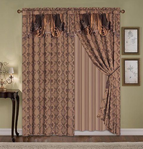 0846918053642 - FANCY COLLECTION LUXURY CURTAIN JACQUARD 2 PANEL WITH ATTACHED VALANCE 120 X 84 + 18 (BROWN)