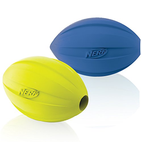 0846998089487 - NERF DOG MEDIUM TO LARGE TREAT FEEDER FOOTBALL (2-PACK) GREEN AND BLUE RUBBER DOG TOY