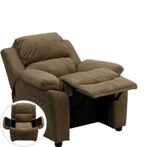 0847254018340 - DELUXE HEAVILY PADDED CONTEMPORARY BROWN MICROFIBER KIDS RECLINER WITH STORAGE ARMS