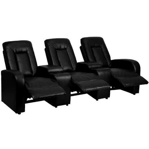 0847254071338 - FLASH FURNITURE 3-SEAT BLACK LEATHER HOME THEATER RECLINER WITH STORAGE CONSOLES