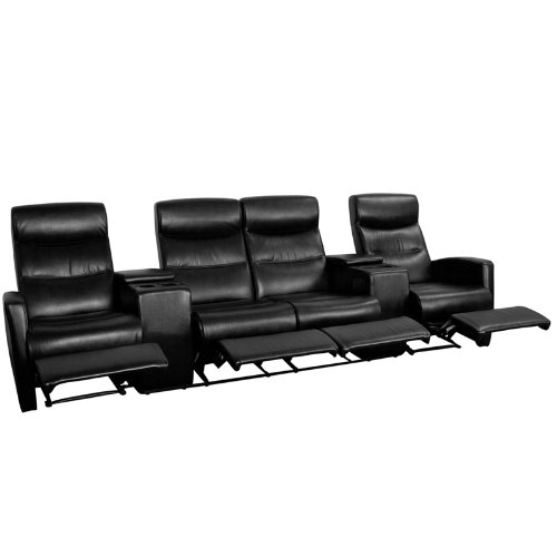 0847254076203 - FLASH FURNITURE 4-SEAT BLACK LEATHER HOME THEATER RECLINER WITH STORAGE CONSOLES