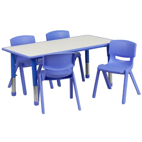 0847254078214 - FLASH FURNITURE RECTANGULAR ADJUSTABLE PLASTIC ACTIVITY TABLE SET WITH 4 SCHOOL STACK CHAIRS, 23.625 BY 47.25-INCH, BLUE
