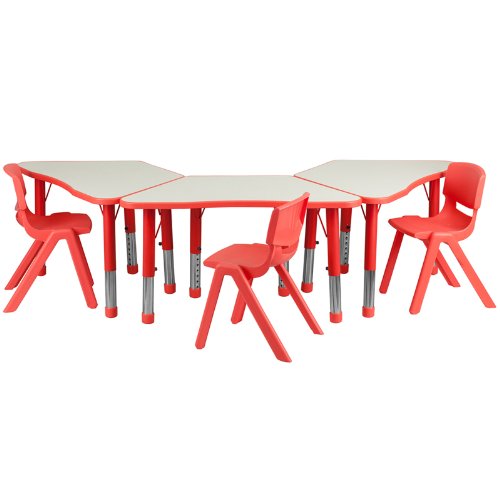 0847254078269 - FLASH FURNITURE TRAPEZOID PLASTIC ACTIVITY TABLE WITH 3 SCHOOL STACK CHAIRS, RED