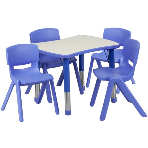0847254078566 - FLASH FURNITURE ADJUSTABLE RECTANGULAR PLASTIC ACTIVITY TABLE SET WITH 4 SCHOOL STACK CHAIRS, 21.875 BY 26.625-INCH, BLUE