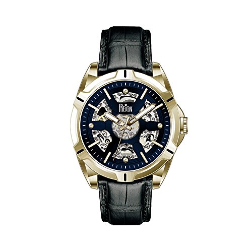 0847864151024 - REIGN CARLISLE AUTOMATIC SKELETON DIAL LEATHER-BAND WATCH, GOLD/BLACK, STANDARD,