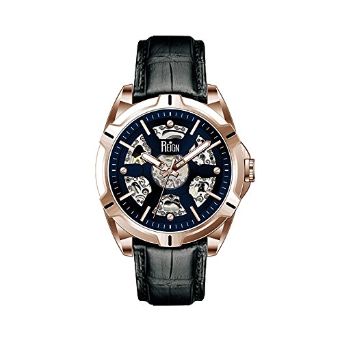 0847864151031 - REIGN CARLISLE AUTOMATIC SKELETON DIAL LEATHER-BAND WATCH, ROSE GOLD/BLACK, STANDARD,