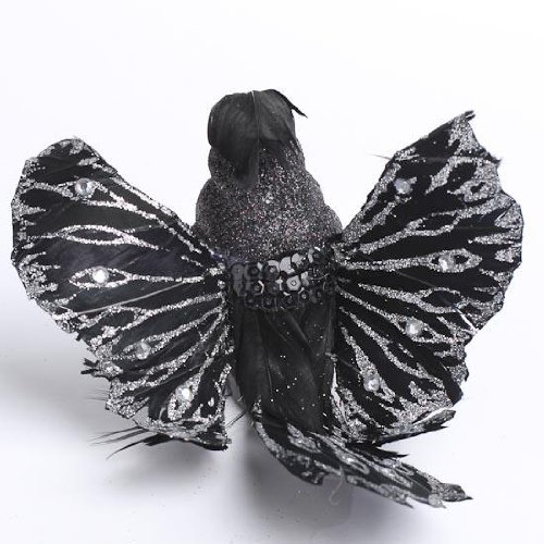 0848192035413 - GROUP OF 12 FANCY ARTIFICIAL BLACK CARDINAL BIRDS ACCENTED WITH REAL FEATHERS, SILVER GLITTER, GEMS AND SEQUINS.