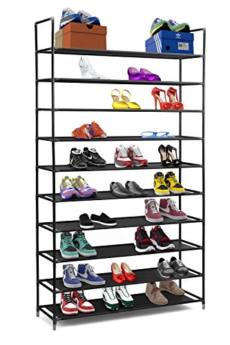 0848441045705 - HALTER 10 TIER STAINLESS STEEL SHOE RACK / SHOE STORAGE STACKABLE SHELVES - HOLDS 50 PAIRS OF SHOES - 39.125 X 11.125 X 69.5 - BLACK