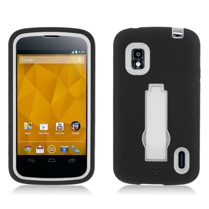 0848721060619 - EAGLE CELL PALGE960SPSTWHBK ADVANCED RUGGED ARMOR HYBRID COMBO CASE WITH KICKSTAND FOR LG NEXUS 4 E960 - RETAIL PACKAGING - WHITE/BLACK