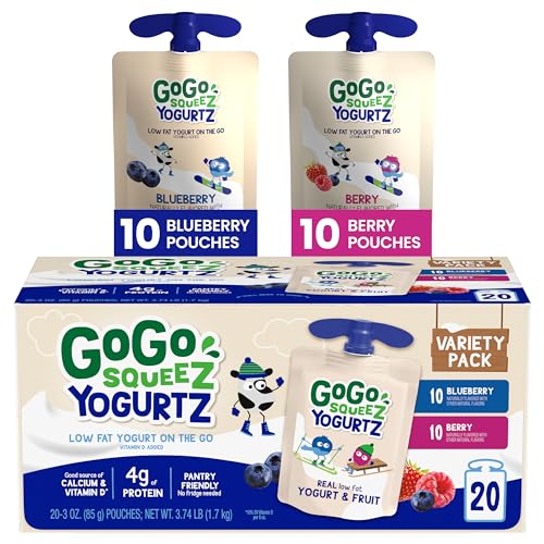 0848860048721 - GOGO SQUEEZ YOGURTZ VARIETY PACK, BLUEBERRY & BERRY, 3 OZ (PACK OF 20), KIDS SNACKS MADE FROM REAL YOGURT AND FRUIT, NO FRIDGE NEEDED, GLUTEN FREE, NUT FREE, RECLOSEABLE CAP, BPA FREE POUCHES