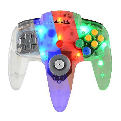 0849172003859 - RETRO-LINK WIRED N64 STYLE USB CONTROLLER WITH BLUE/RED/GREEN LED ON-OFF SWITCH AND DIMMER