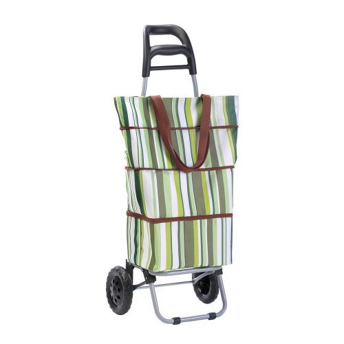 0849179015435 - FA DECORS POLYESTER GREEN STRIPE SHOPPING TOTE & WHEELED TROLLEY GROCERY BAG MULTI COMPARTMENT
