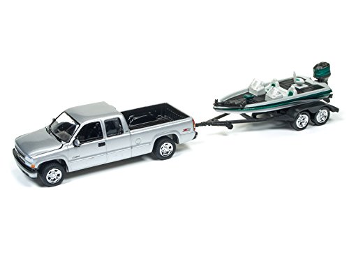 0849398014141 - 2002 CHEVROLET SILVERADO PICKUP TRUCK SILVER WITH BOAT AND TRAILER GONE FISHING 1/64 BY JOHNNY LIGHTNING JLBT001A-2002CHEVY-SILVER