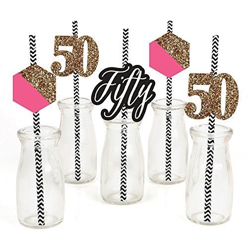 0849563063240 - CHIC 50TH BIRTHDAY - PINK, BLACK AND GOLD - BIRTHDAY PARTY STRAW DECOR WITH PAPER STRAWS - SET OF 24