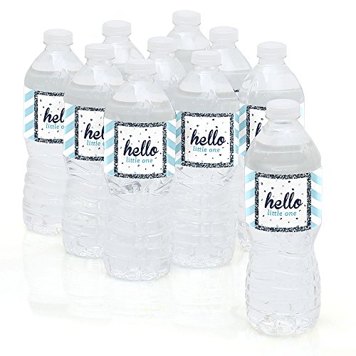 0849563072662 - HELLO LITTLE ONE - BLUE AND SILVER - BOY BABY SHOWER PARTY WATER BOTTLE STICKER LABELS- SET OF 10