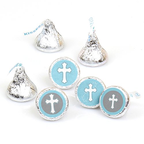 0849563082470 - LITTLE MIRACLE BOY BLUE & GRAY CROSS - PARTY ROUND CANDY STICKER FAVORS - LABELS FIT HERSHEY'S KISSES (1 SHEET OF 108)