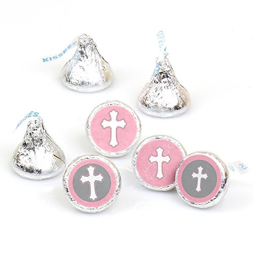 0849563082487 - LITTLE MIRACLE GIRL PINK & GRAY CROSS - PARTY ROUND CANDY STICKER FAVORS - LABELS FIT HERSHEY'S KISSES (1 SHEET OF 108)