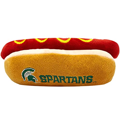 0849790119314 - NCAA MICHIGAN STATE SPARTANS HOT DOG PLUSH DOG & CAT SQUEAK TOY - CUTEST HOT-DOG SNACK PLUSH TOY FOR DOGS & CATS WITH INNER SQUEAKER & BEAUTIFUL FOOTBALL/BASKETBALL TEAM NAME/LOGO