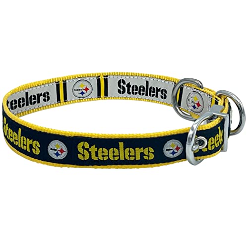 0849790120990 - PITTSBURGH STEELERS REVERSIBLE NFL DOG COLLAR, LARGE. PREMIUM HOME & AWAY 2-SIDED PET COLLAR ADJUSTABLE WITH METAL BUCKLE. YOUR FAVORITE NFL FOOTBALL TEAM WITH UNIQUE DESIGN ON EACH SIDE! DOGS/CATS