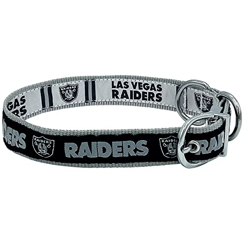 0849790121126 - LAS VEGAS RAIDERS REVERSIBLE NFL DOG COLLAR, MEDIUM. PREMIUM HOME & AWAY TWO-SIDED PET COLLAR ADJUSTABLE WITH METAL BUCKLE. YOUR FAVORITE NFL FOOTBALL TEAM WITH UNIQUE DESIGN ON EACH SIDE! DOGS/CATS