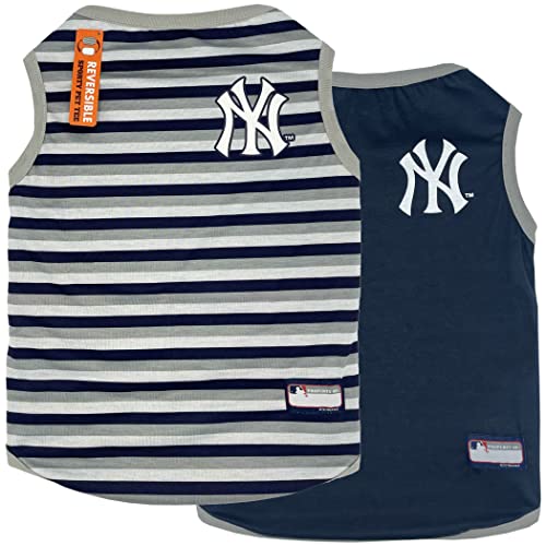 0849790129467 - MLB NEW YORK YANKEES REVERSIBLE T-SHIRT, LARGE FOR DOGS & CATS. A PET SHIRT WITH THE TEAM LOGO THAT COMES WITH 2 DESIGNS; STRIPE TEE SHIRT ON ONE SIDE; SOLID DESIGN ON THE OTHER SIDE!