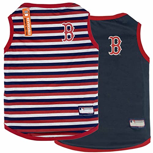 0849790129849 - MLB BOSTON RED SOX REVERSIBLE T-SHIRT, MEDIUM FOR DOGS & CATS. A PET SHIRT WITH THE TEAM LOGO THAT COMES WITH 2 DESIGNS; STRIPE TEE SHIRT ON ONE SIDE; SOLID DESIGN ON THE OTHER SIDE!
