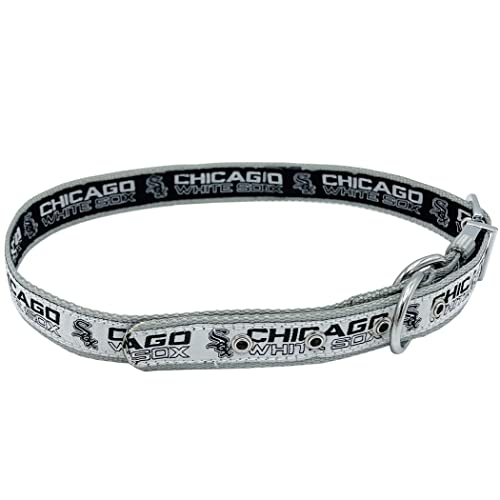 0849790130074 - CHICAGO WHITE SOX REVERSIBLE MLB DOG COLLAR LARGE. PREMIUM HOME & AWAY TWO-SIDED PET COLLAR ADJUSTABLE WITH METAL BUCKLE. YOUR FAVORITE MLB BASEBALL TEAM WITH UNIQUE DESIGN ON EACH SIDE DOGS & CATS