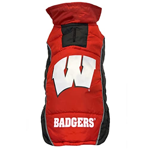 0849790146259 - NCAA WISCONSIN BADGERS PUFFER VEST FOR DOGS & CATS, SIZE SMALL. WARM, COZY, AND WATERPROOF DOG COAT, FOR SMALL AND LARGE DOGS/CATS. BEST COLLEGIATE LICENSED PET WARMING SPORTS JACKET