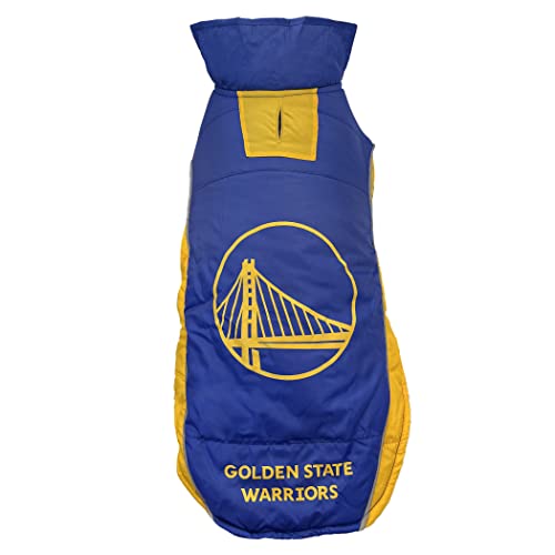 0849790146501 - NBA GOLDEN STATE WARRIORS PUFFER VEST FOR DOGS & CATS, SIZE LARGE. WARM, COZY, AND WATERPROOF DOG COAT, FOR SMALL AND LARGE DOGS/CATS. BEST NBA LICENSED PET WARMING SPORTS JACKET