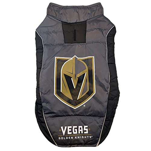 0849790146785 - NHL LAS VEGAS GOLDEN KNIGHTS PUFFER VEST FOR DOGS & CATS, SIZE MEDIUM. WARM, COZY, AND WATERPROOF DOG COAT, FOR SMALL AND LARGE DOGS/CATS. BEST NHL LICENSED PET WARMING SPORTS JACKET