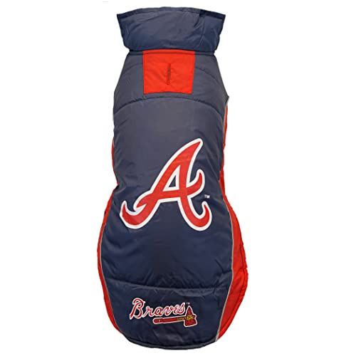 0849790146839 - MLB ATLANTA BRAVES PUFFER VEST FOR DOGS & CATS, SIZE LARGE. WARM, COZY, AND WATERPROOF DOG COAT, FOR SMALL AND LARGE DOGS/CATS. BEST MLB LICENSED PET WARMING SPORTS JACKET