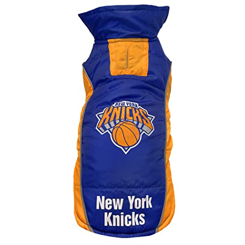 0849790147034 - NBA NEW YORK KNICKS PUFFER VEST FOR DOGS & CATS, SIZE SMALL. WARM, COZY, AND WATERPROOF DOG COAT, FOR SMALL AND LARGE DOGS/CATS. BEST NBA LICENSED PET WARMING SPORTS JACKET