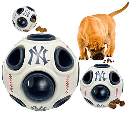 0849790192805 - PETS IRST MLB NEW YORK YANKEES BASEBALL TREAT DISPENSING TOY FOR DOGS AND CATS, RUBBER BALL DOG TOY, INTERACTIVE FUN DOG TREAT TOY, NATURAL RUBBER DOG FEEDING TOY