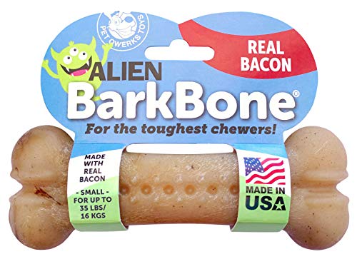 0850000085954 - PET QWERKS ALIEN BARKBONE, USA-SOURCED REAL BACON FLAVOR - NYLON CHEW TOY FOR AGGRESSIVE CHEWERS, TOUGH DURABLE EXTREME POWER CHEWER BONE | MADE IN USA - S FOR SMALL DOGS & PUPPIES