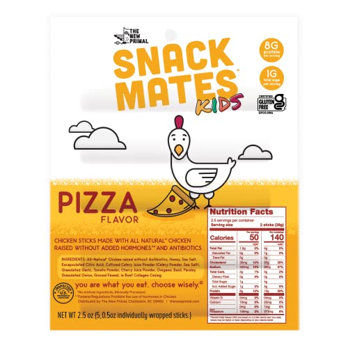 0850000398597 - SNACK MATES BY THE NEW PRIMAL, CHICKEN PIZZA MEAT STICK, ALL NATURAL CHICKEN, HIGH PROTEIN AND LOW SUGAR KIDS SNACK, CERTIFIED PALEO, CERTIFIED GLUTEN FREE, LUNCHBOX FRIENDLY, 5 (0.5 OZ) STICKS PER PACK (8 PACK)
