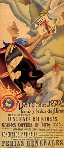 0850006002122 - 1939 PAMPLONA FIESTAS OF SAN FERMIN RUNNING OF THE BULLS SPAIN VINTAGE POSTER REPRO