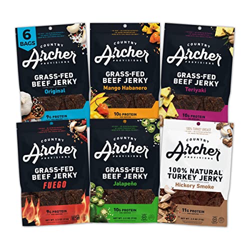 0850011381625 - BEEF JERKY AND TURKEY JERKY VARIETY PACK BY COUNTRY ARCHER, ORIGINAL, TERIYAKI, MANGO HABANERO, HICKORY SMOKE, CRUSHED RED PEPPER, JALAPENO, 100% GRASS-FED, GLUTEN FREE, 2.5 OUNCE (6 PACK)