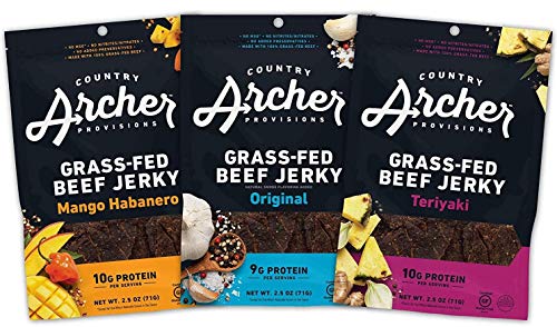 0850011381632 - BEEF JERKY VARIETY PACK BY COUNTRY ARCHER, ORIGINAL, TERIYAKI, MANGO HABANERO, 100% GRASS-FED, GLUTEN FREE, 2.5 OUNCE (3 PACK)