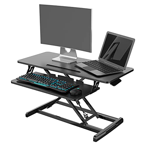 0850026220360 - STANDING DESK CONVERTER 32 INCH HEIGHT ADJUSTABLE RISER, SUITABLE TO USE WITH DUAL MONITOR AND LAPTOP, SITTING TO STANDING DESK CONVERTER WITH WIDE KEYBOARD TRAY IN BLACK, ORVEAY (SUB-BRAND SMUG)